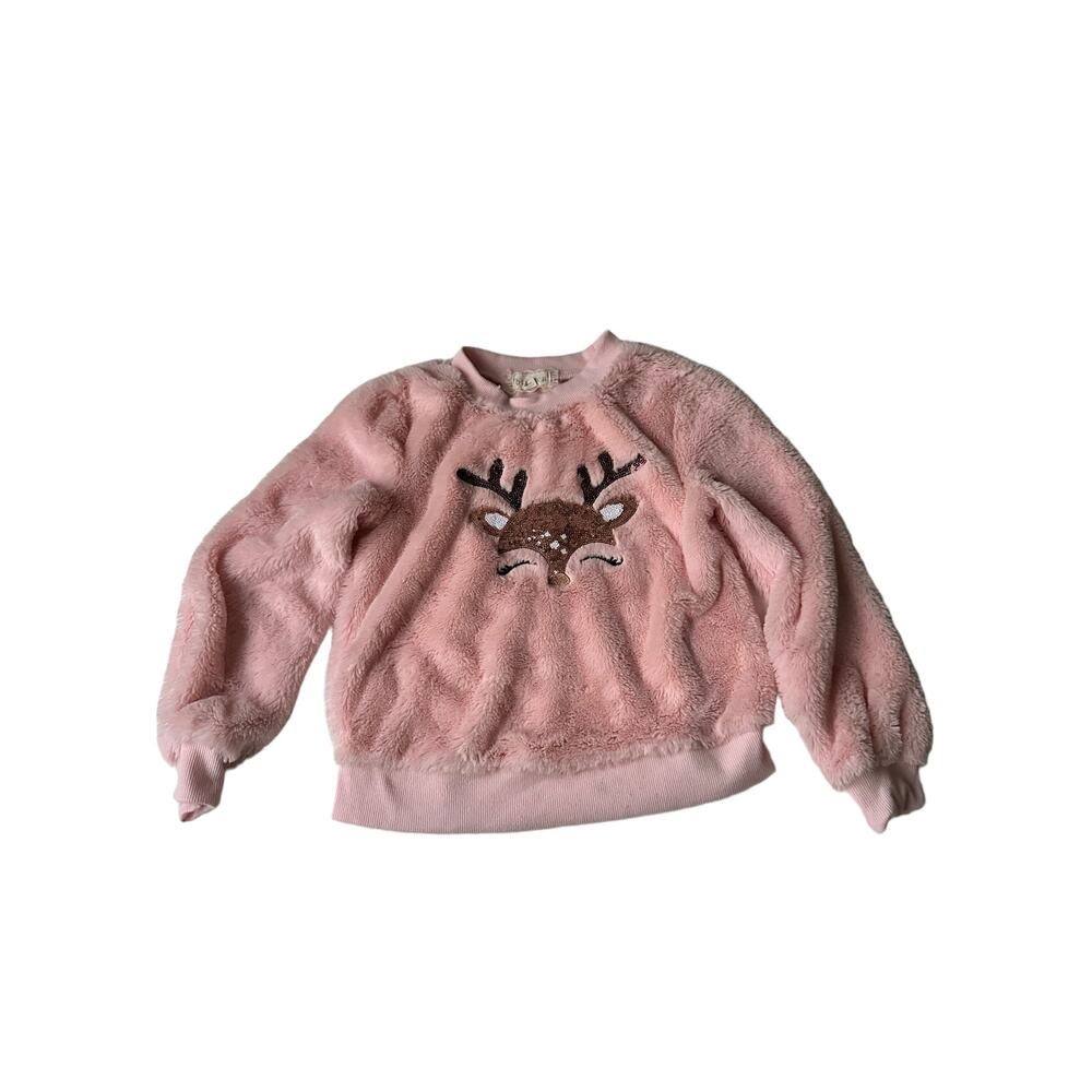 Girls Pink Fuzzy Deer Christmas Sweater - Size 7 - Picture 1 of 4